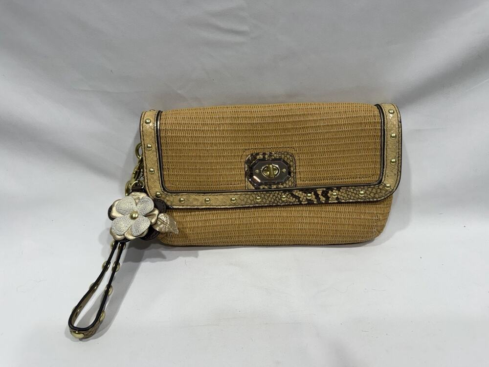 Coach Natural Tan Straw Clutch/Wristlet w/Python Trim & Brass Studs Zebra Lining